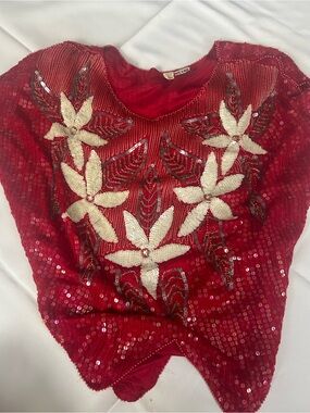 70s Vintage Red Sequin Floral Beaded Top